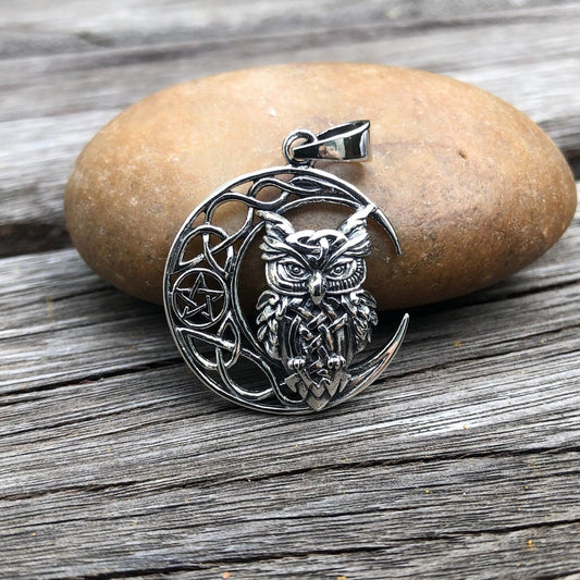 Owl Celtic Crescent Moon Pendant/Necklace