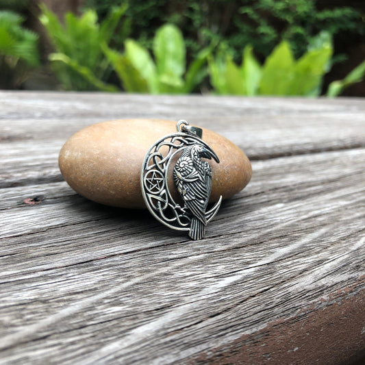 Viking Raven Crescent Moon Pendant Necklace