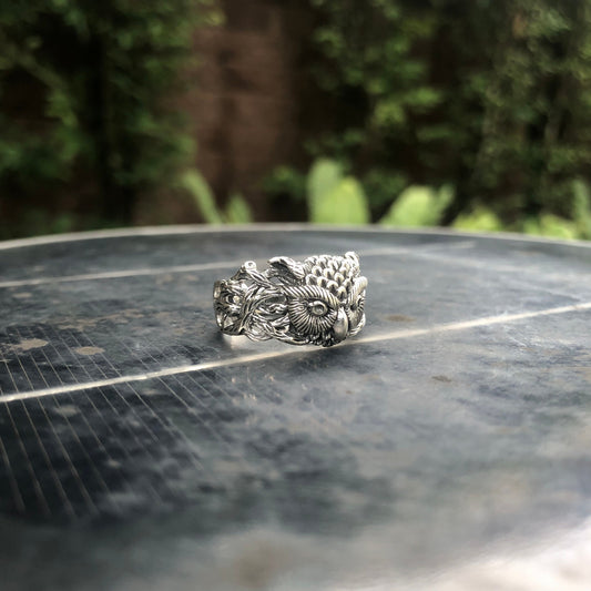 Handcrafted 925 Sterling Silver Owl Wood Style Ring
