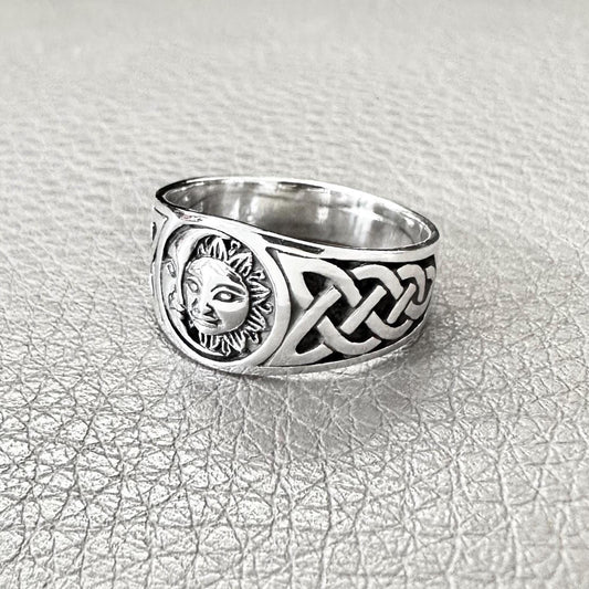 Sun & Crescent Moon Celtic Design Luna Ring