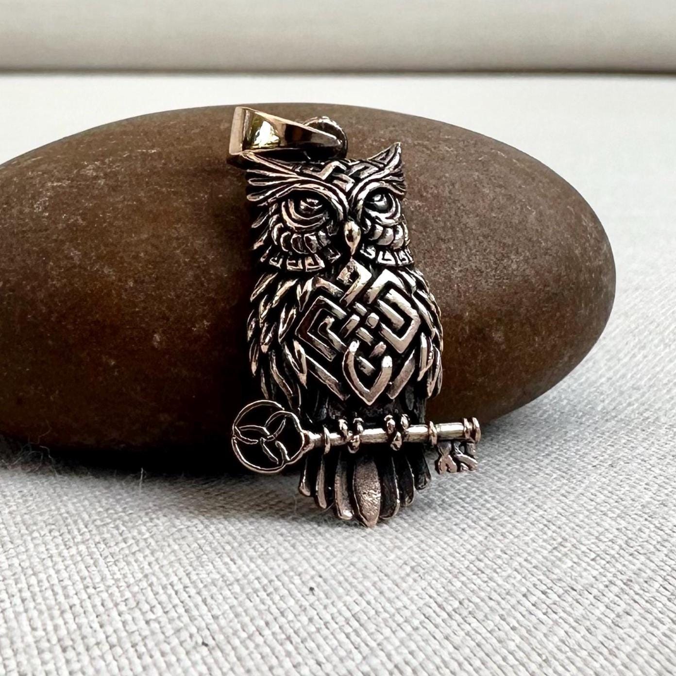 Bronze Owl & Key Bird Celtic Knot Pendant/Necklace
