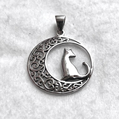 Cat & Crescent Moon Pendant/Necklace