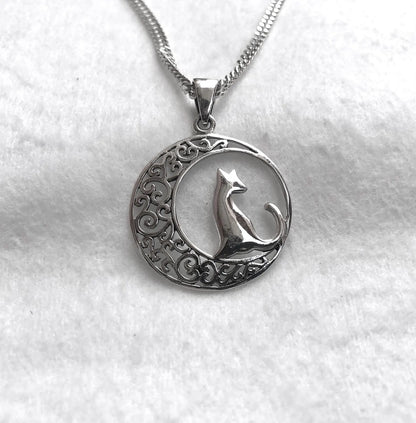 Cat & Crescent Moon Pendant/Necklace