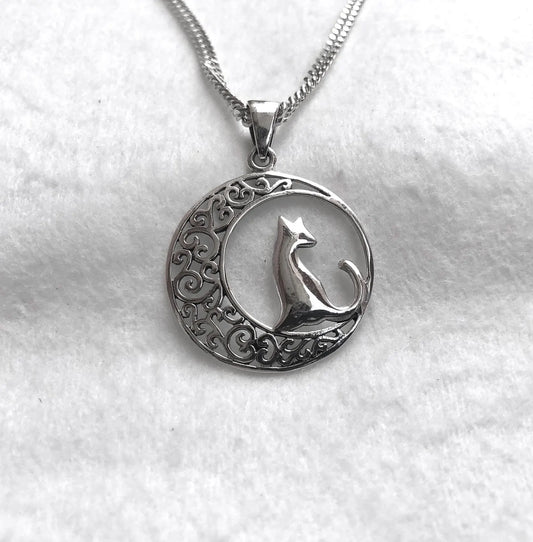Cat & Crescent Moon Pendant/Necklace