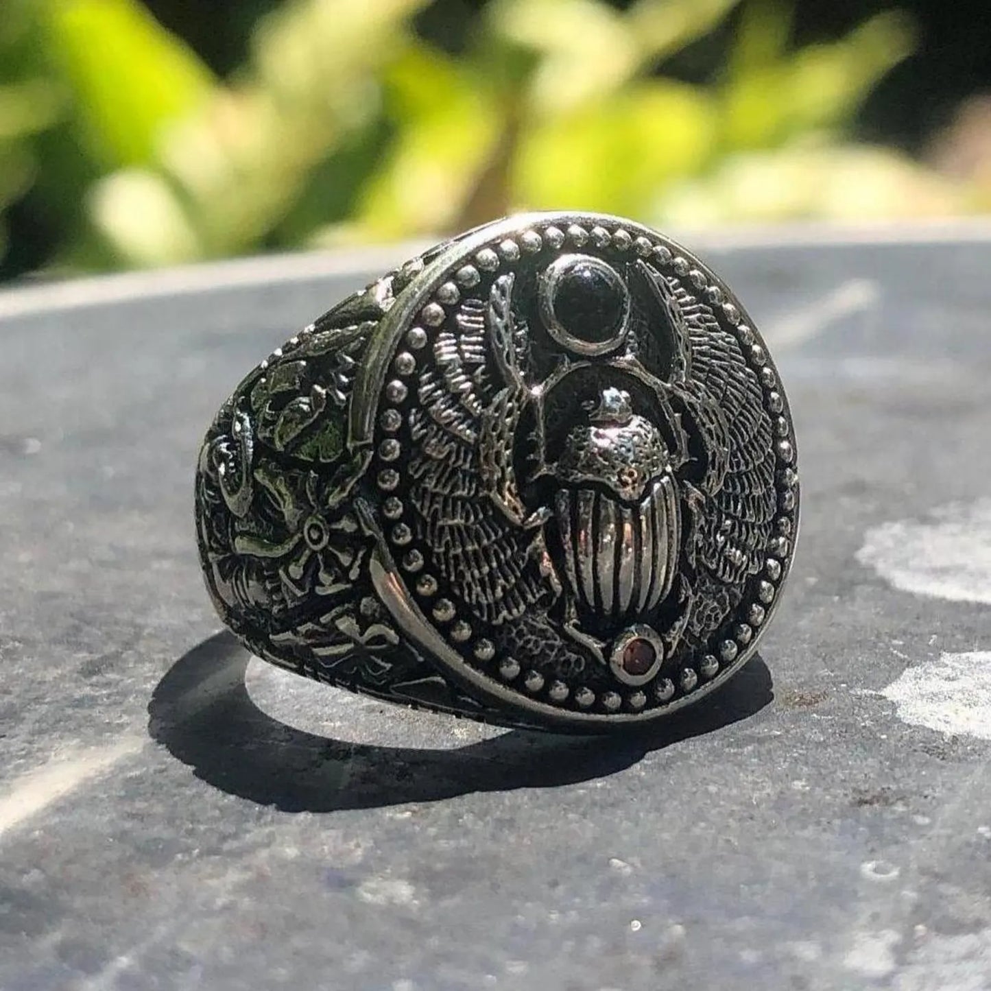 Scarab Onyx Stone Egyptian Beetle Bug Ring