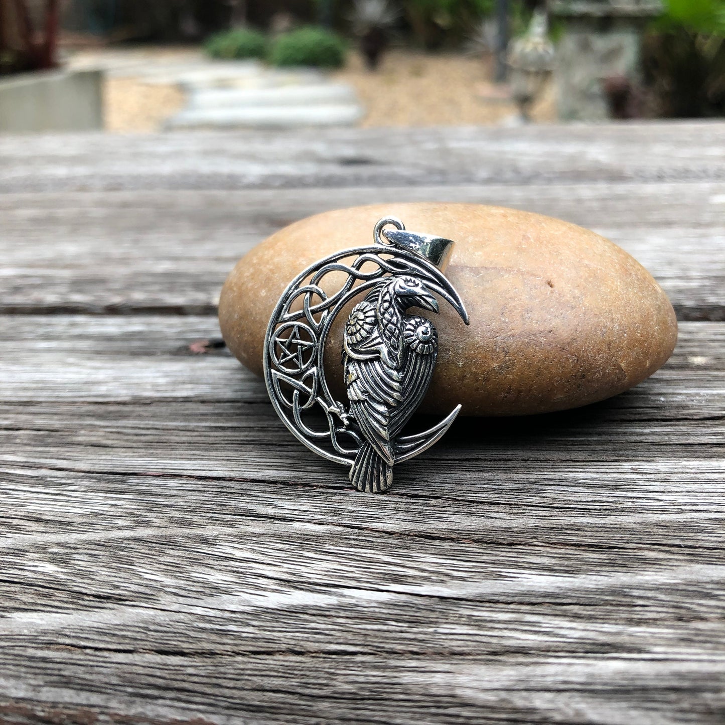 Viking Raven Crescent Moon Pendant Necklace