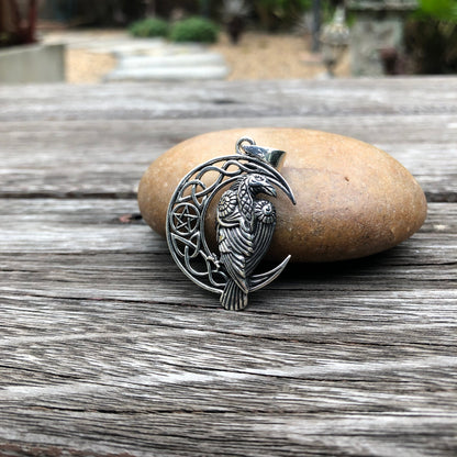 Viking Raven Crescent Moon Pendant Necklace