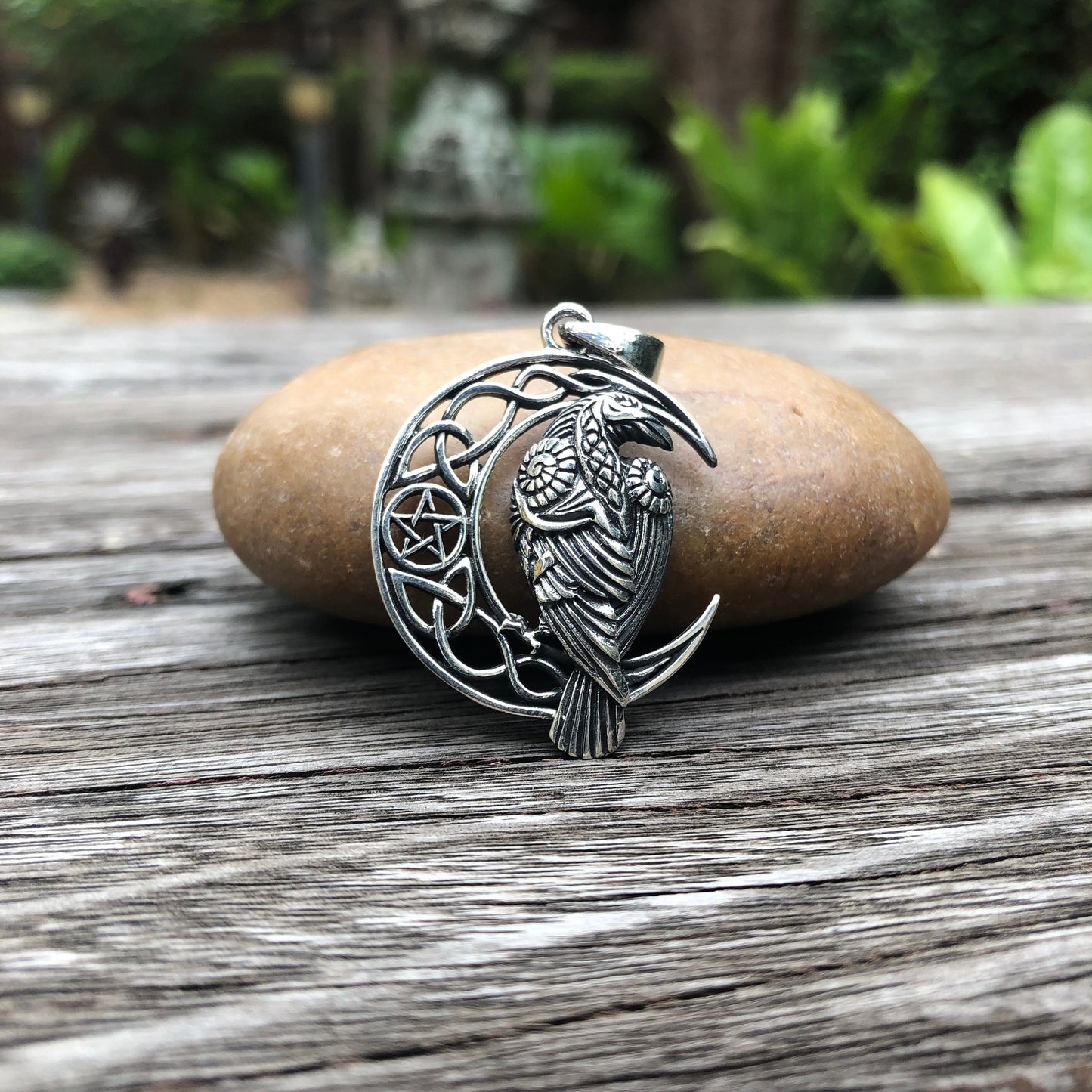 Viking Raven Crescent Moon Pendant Necklace