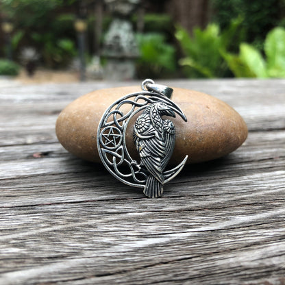 Viking Raven Crescent Moon Pendant Necklace
