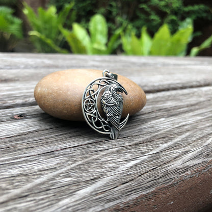 Viking Raven Crescent Moon Pendant Necklace