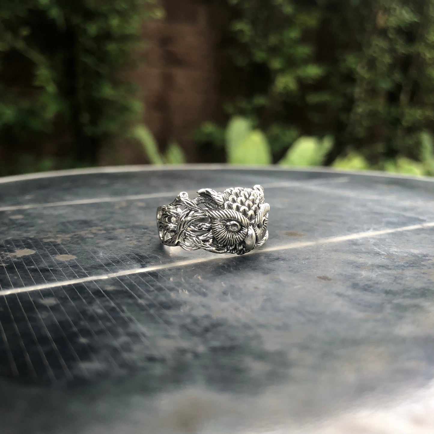Handcrafted 925 Sterling Silver Owl Wood Style Ring