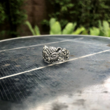 Handcrafted 925 Sterling Silver Owl Wood Style Ring