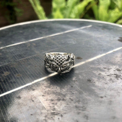 Handcrafted 925 Sterling Silver Owl Wood Style Ring