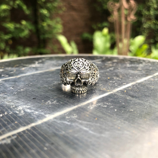 Bali Design Floral Skull with Cross Ring