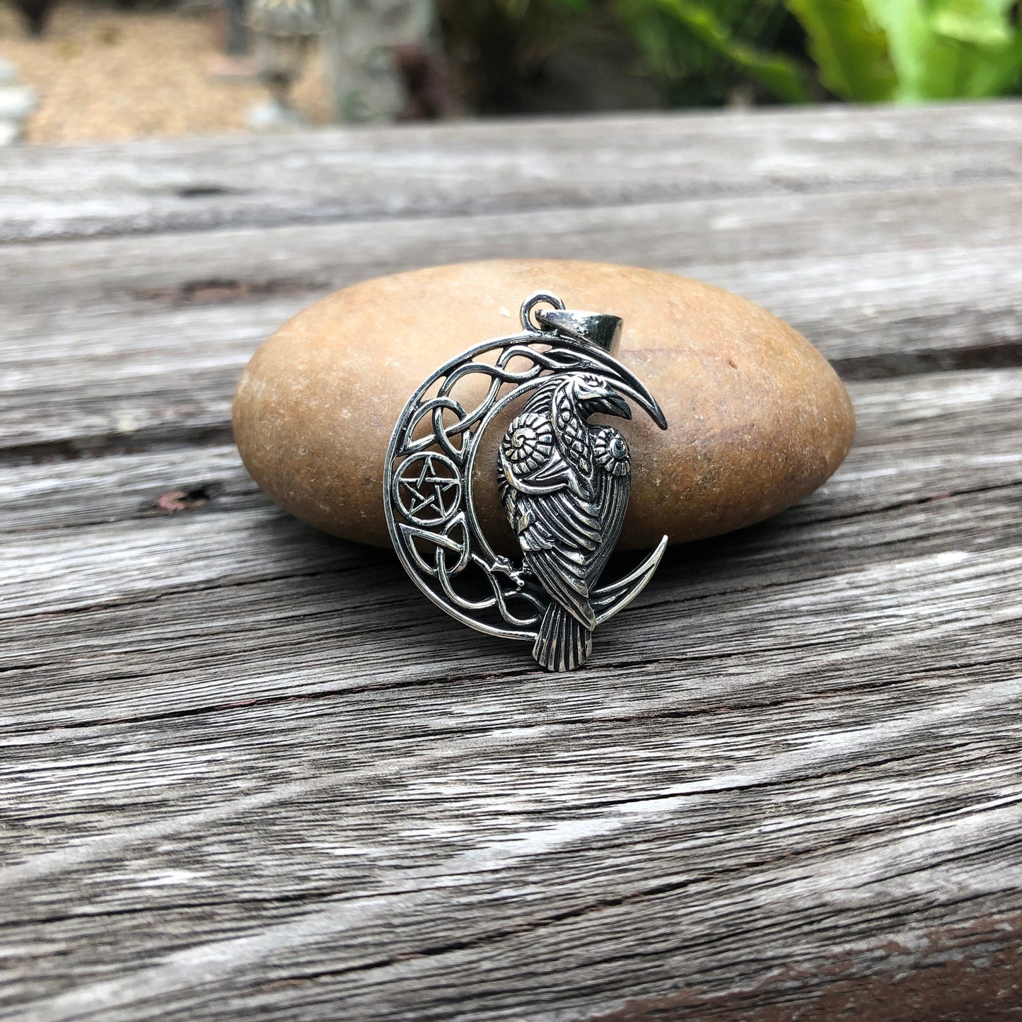 Viking Raven Crescent Moon Pendant Necklace