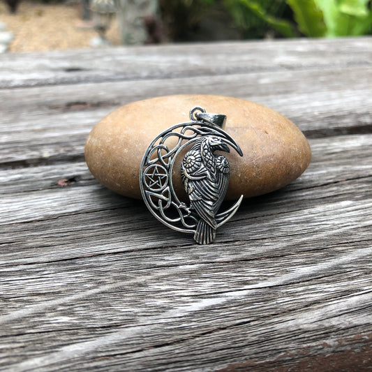 Viking Raven Crescent Moon Pendant Necklace