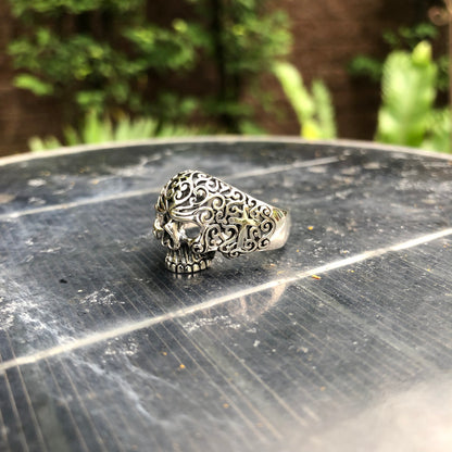 Bali Design Floral Skull with Cross Ring