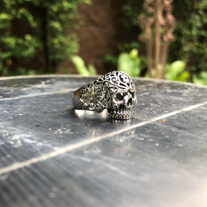 Bali Design Floral Skull with Cross Ring