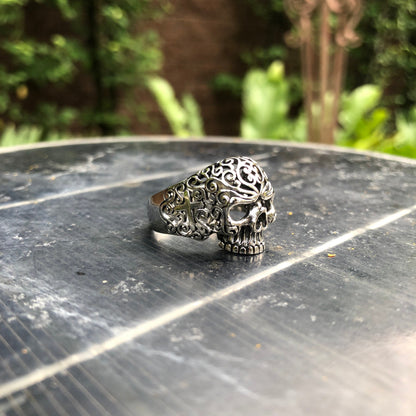 Bali Design Floral Skull with Cross Ring