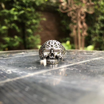 Bali Design Floral Skull with Cross Ring
