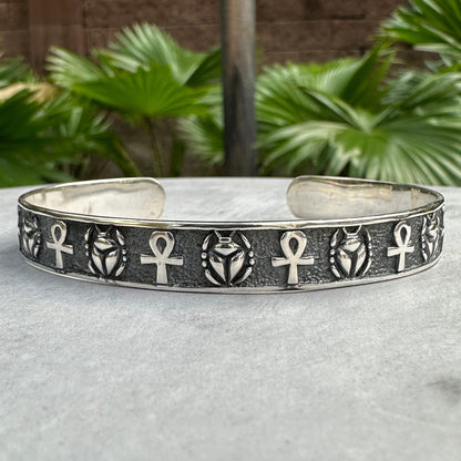 Scarab & Ankh Ancient Beetle Bug Egyptian Cross Bracelet