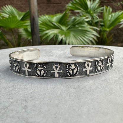 Scarab & Ankh Ancient Beetle Bug Egyptian Cross Bracelet