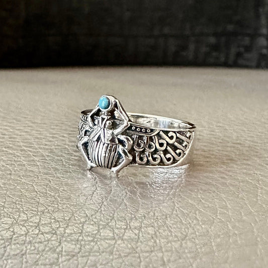 Scarab Turquoise Stone Egyptian Beetle Bug Ring