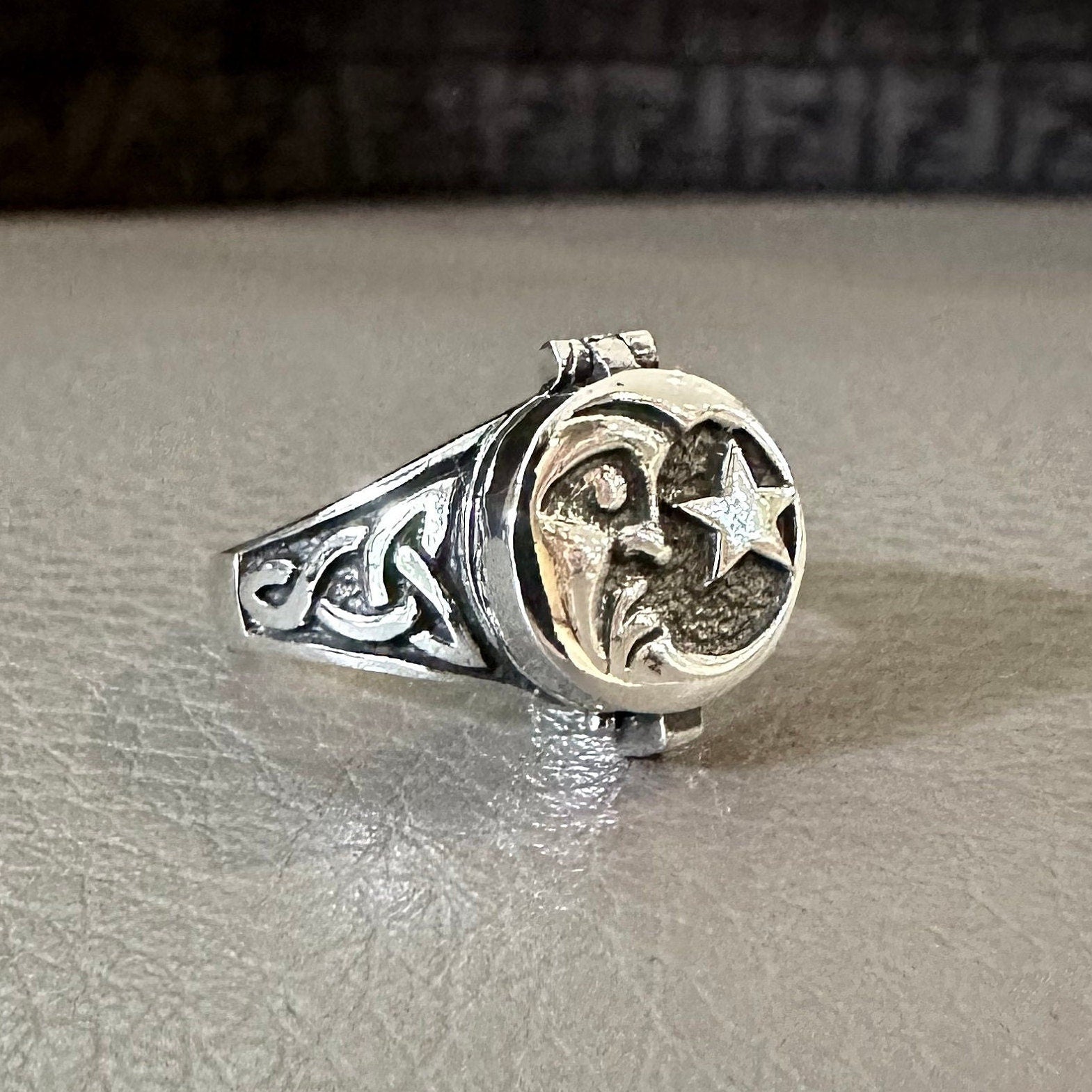 Handcrafted 925 Sterling Silver Sun & Moon Locket Ring Crescent Moon Stars Celtic Design Ring Silver Jewelry Accessories Gift by VINTZ