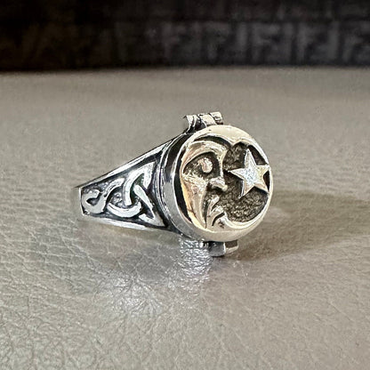 Handcrafted 925 Sterling Silver Sun & Moon Locket Ring Crescent Moon Stars Celtic Design Ring Silver Jewelry Accessories Gift by VINTZ