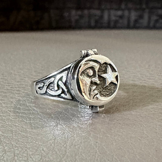 Handcrafted 925 Sterling Silver Sun & Moon Locket Ring Crescent Moon Stars Celtic Design Ring Silver Jewelry Accessories Gift by VINTZ