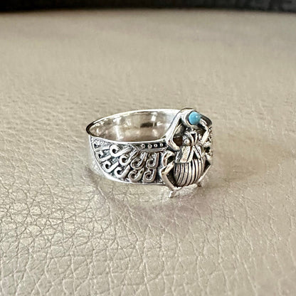 Scarab Turquoise Stone Egyptian Beetle Bug Ring