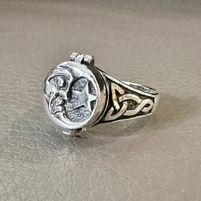 Handcrafted 925 Sterling Silver Sun & Moon Locket Ring Crescent Moon Stars Celtic Design Ring Silver Jewelry Accessories Gift by VINTZ