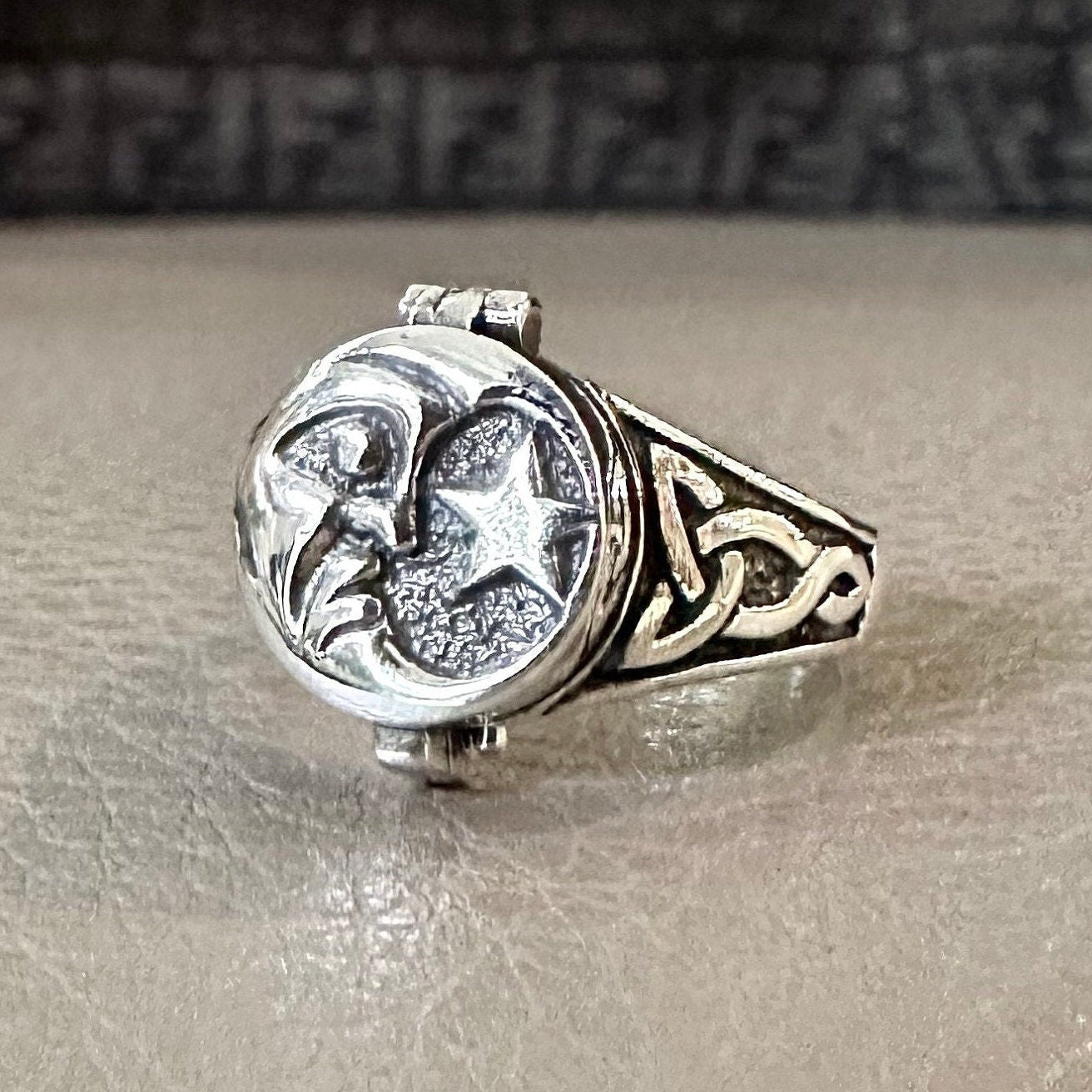 Handcrafted 925 Sterling Silver Sun & Moon Locket Ring Crescent Moon Stars Celtic Design Ring Silver Jewelry Accessories Gift by VINTZ
