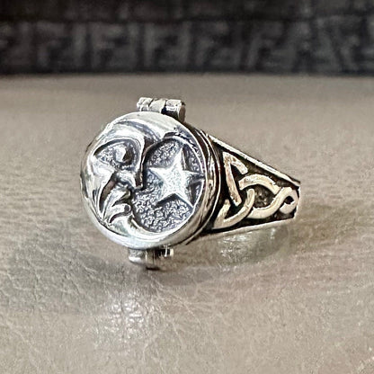 Handcrafted 925 Sterling Silver Sun & Moon Locket Ring Crescent Moon Stars Celtic Design Ring Silver Jewelry Accessories Gift by VINTZ