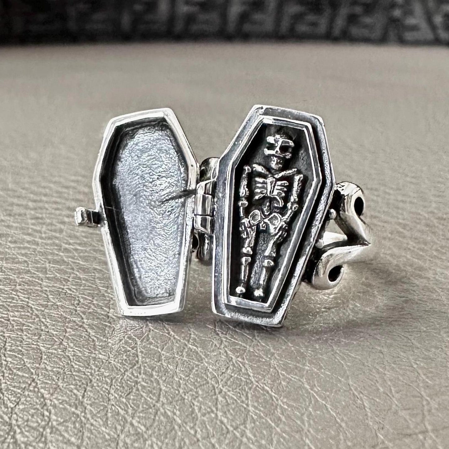 Skeleton Biker Skull Gothic Coffin Locket Ring