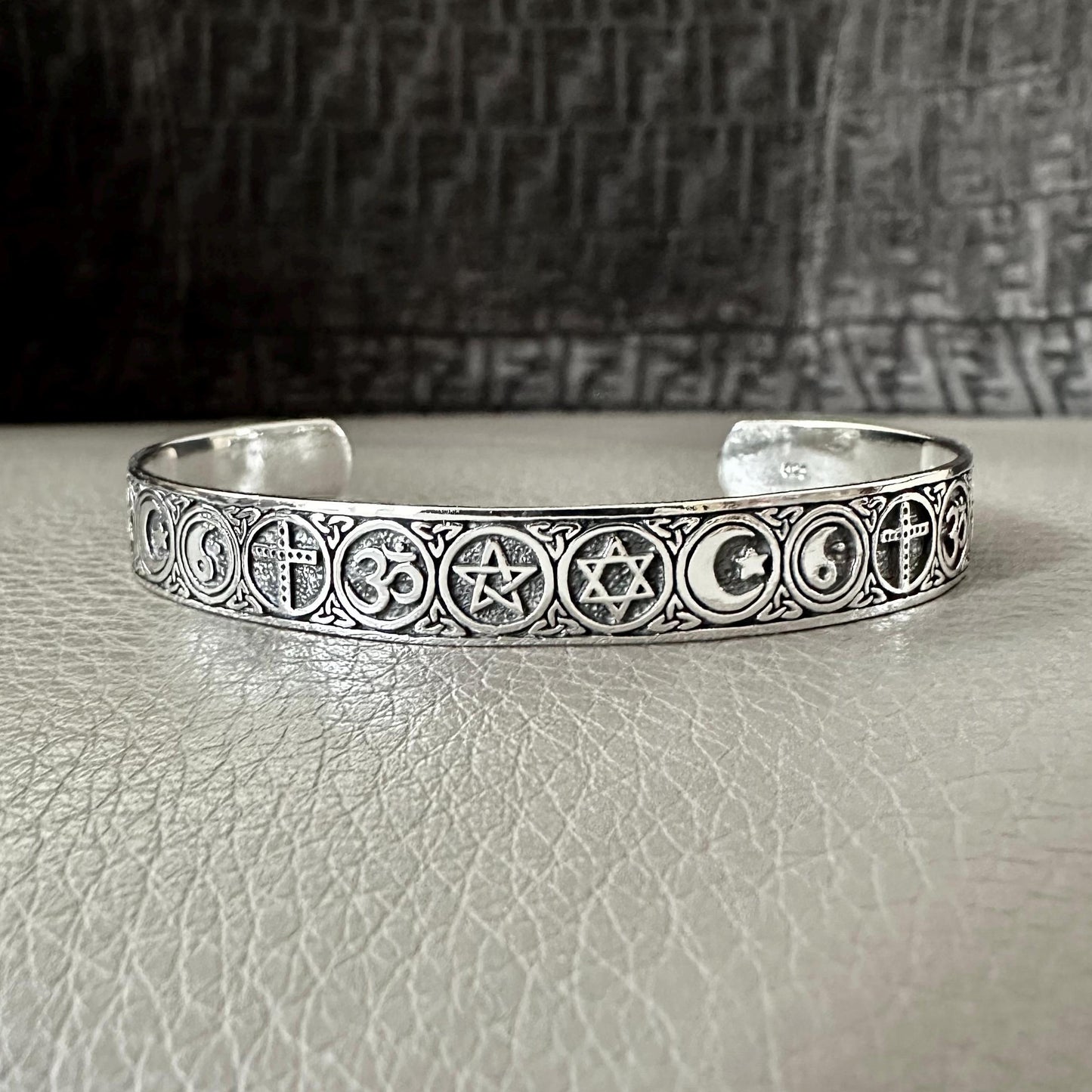 Religious Symbols Pentagram, Star of David, Star & Crescent Moon, Yin-Yang, Cross and Ohm Cuff Bracelet
