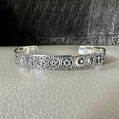 Religious Symbols Pentagram, Star of David, Star & Crescent Moon, Yin-Yang, Cross and Ohm Cuff Bracelet