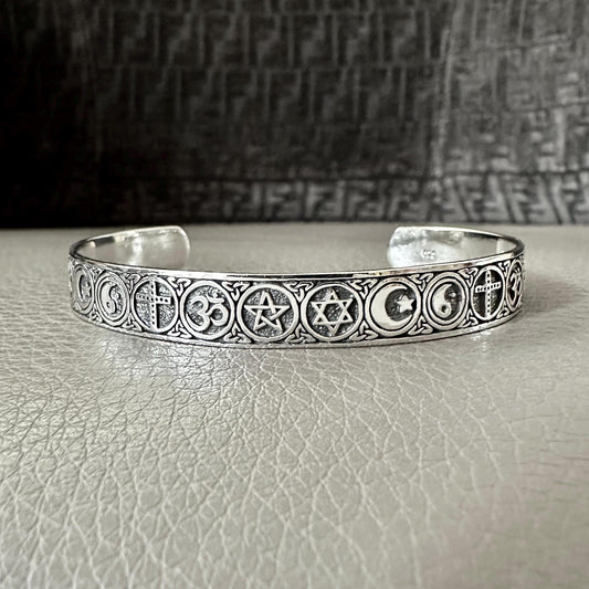 Religious Symbols Pentagram, Star of David, Star & Crescent Moon, Yin-Yang, Cross and Ohm Cuff Bracelet
