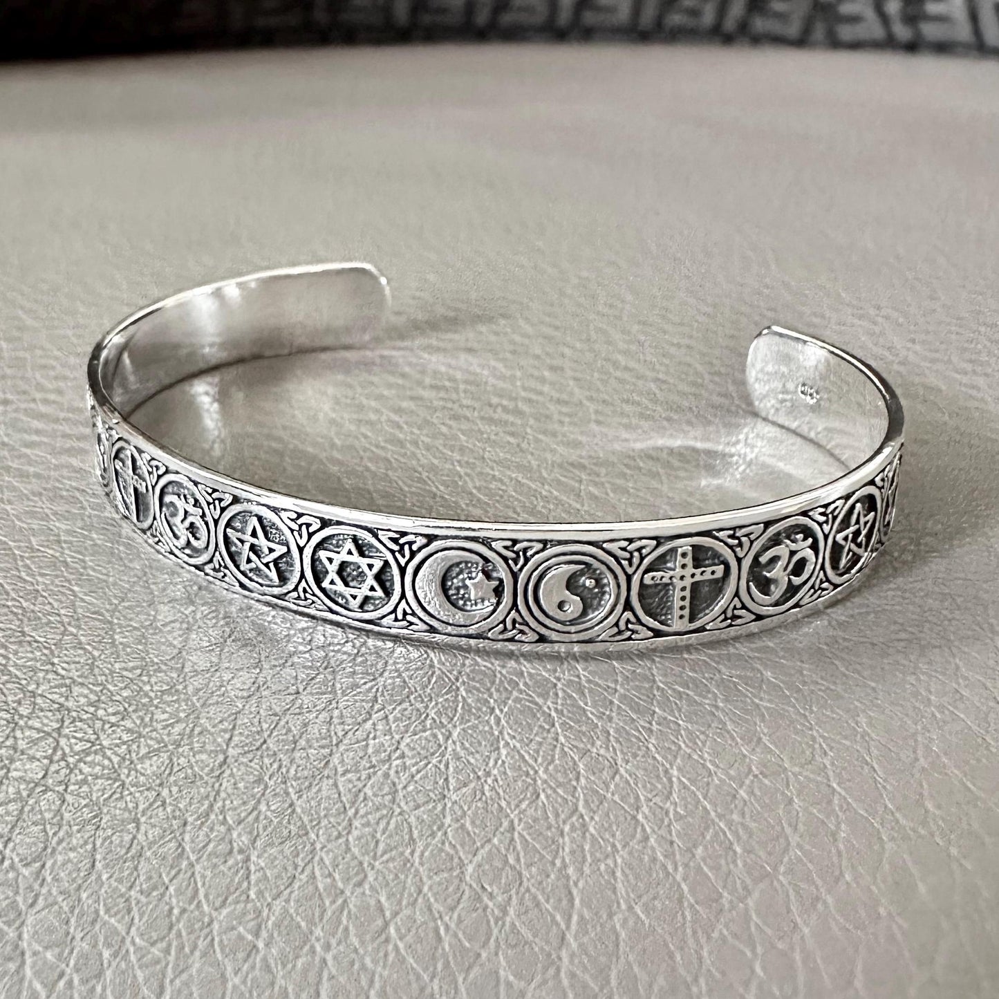 Religious Symbols Pentagram, Star of David, Star & Crescent Moon, Yin-Yang, Cross and Ohm Cuff Bracelet
