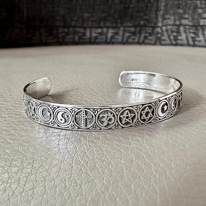 Religious Symbols Pentagram, Star of David, Star & Crescent Moon, Yin-Yang, Cross and Ohm Cuff Bracelet