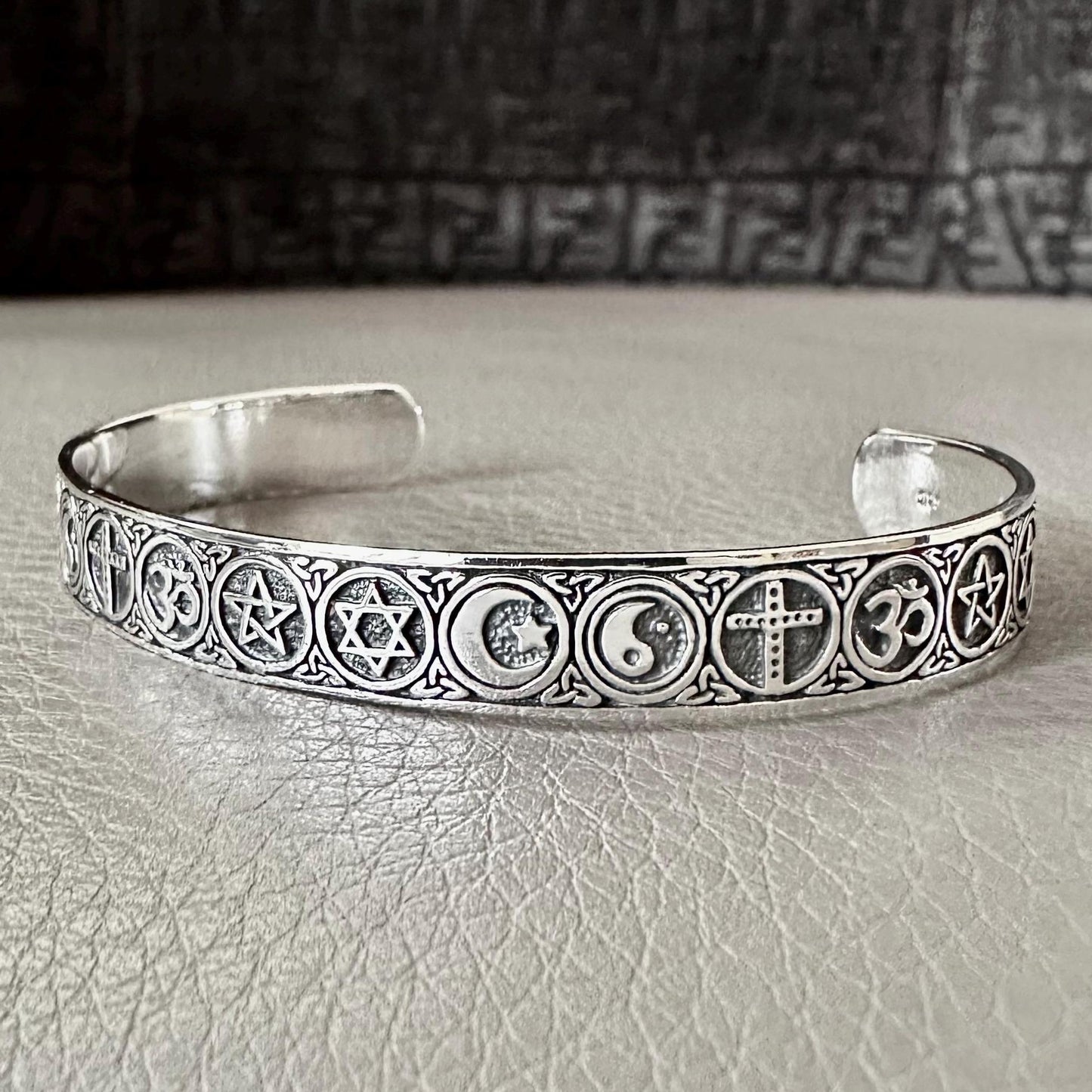 Religious Symbols Pentagram, Star of David, Star & Crescent Moon, Yin-Yang, Cross and Ohm Cuff Bracelet