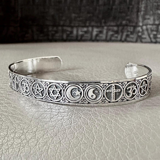 Religious Symbols Pentagram, Star of David, Star & Crescent Moon, Yin-Yang, Cross and Ohm Cuff Bracelet
