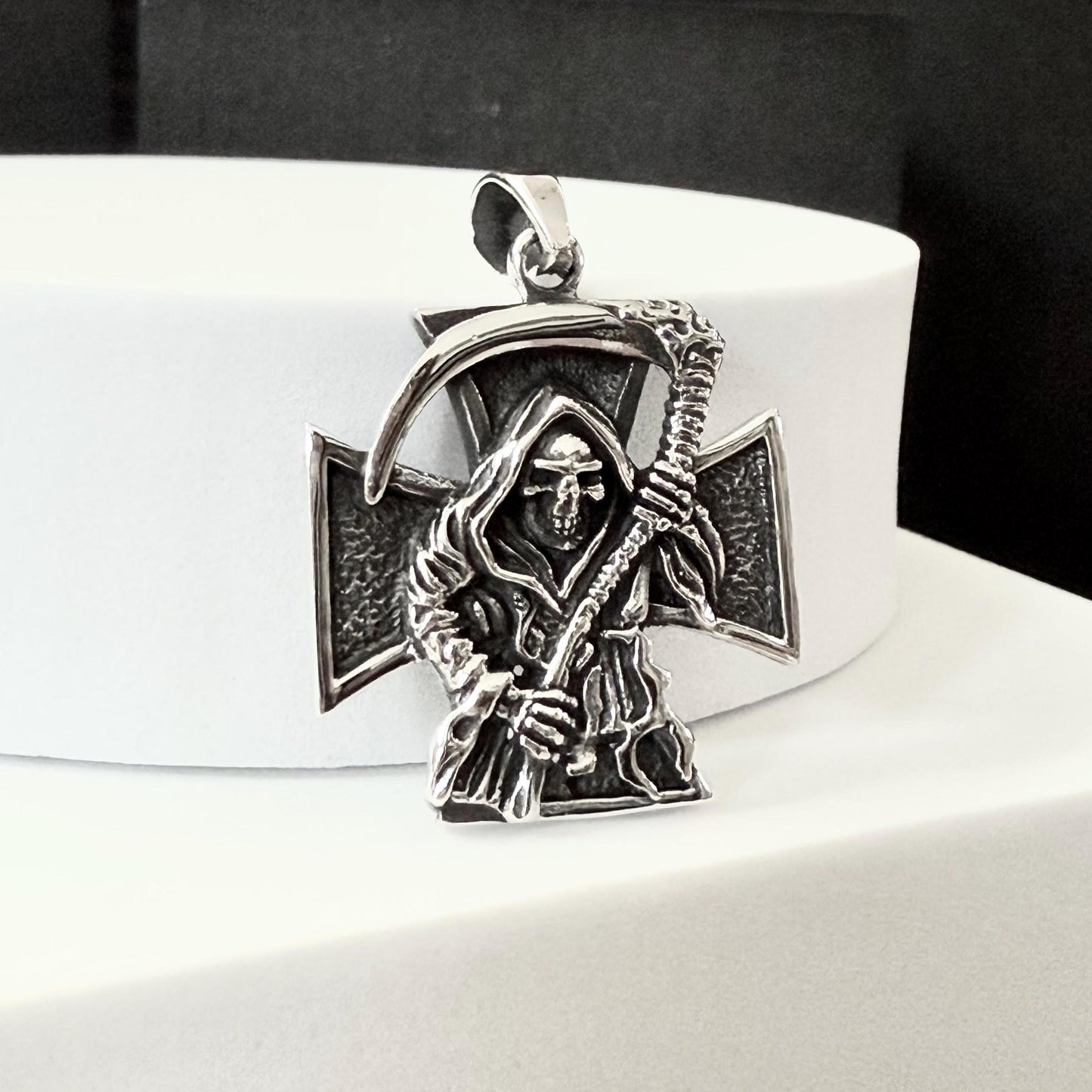 Handcrafted 925 Sterling Silver Grim Reaper Pendant Gothic Skull Templar Cross Pendant/Necklace Silver Jewelry Accessories Gift by VINTZ