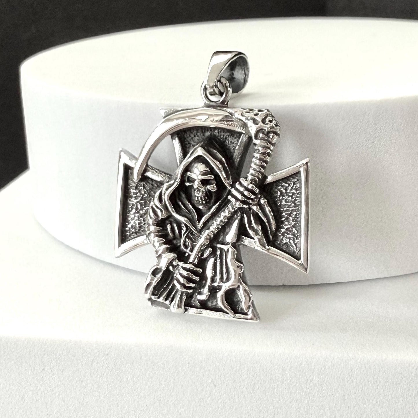 Handcrafted 925 Sterling Silver Grim Reaper Pendant Gothic Skull Templar Cross Pendant/Necklace Silver Jewelry Accessories Gift by VINTZ