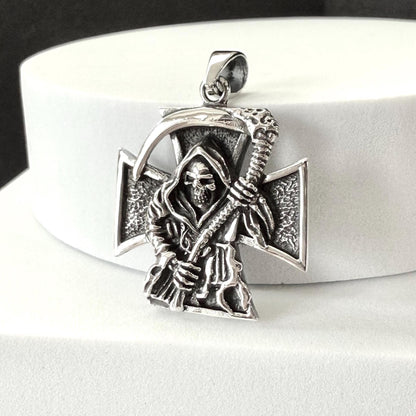 Handcrafted 925 Sterling Silver Grim Reaper Pendant Gothic Skull Templar Cross Pendant/Necklace Silver Jewelry Accessories Gift by VINTZ