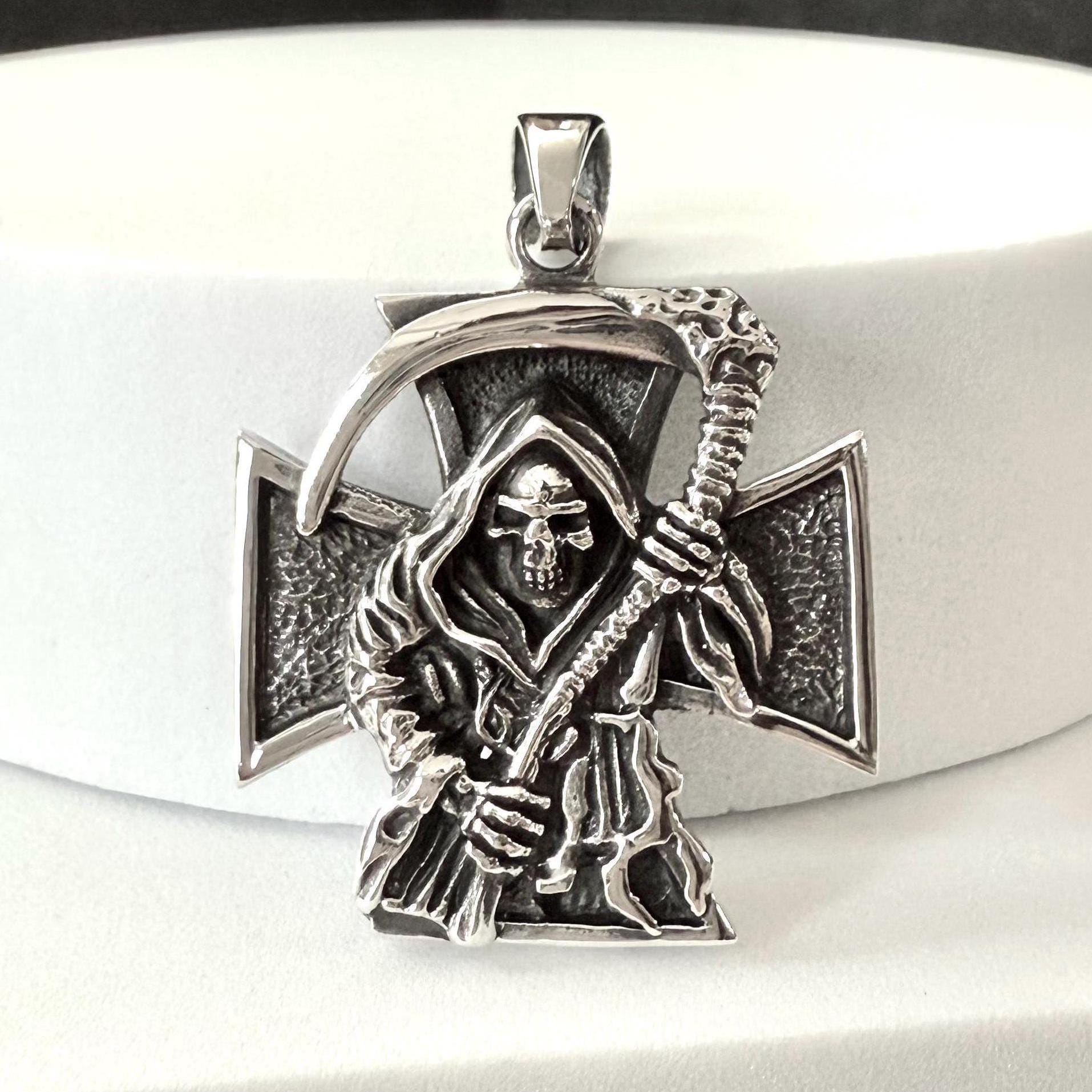 Handcrafted 925 Sterling Silver Grim Reaper Pendant Gothic Skull Templar Cross Pendant/Necklace Silver Jewelry Accessories Gift by VINTZ