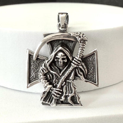 Handcrafted 925 Sterling Silver Grim Reaper Pendant Gothic Skull Templar Cross Pendant/Necklace Silver Jewelry Accessories Gift by VINTZ