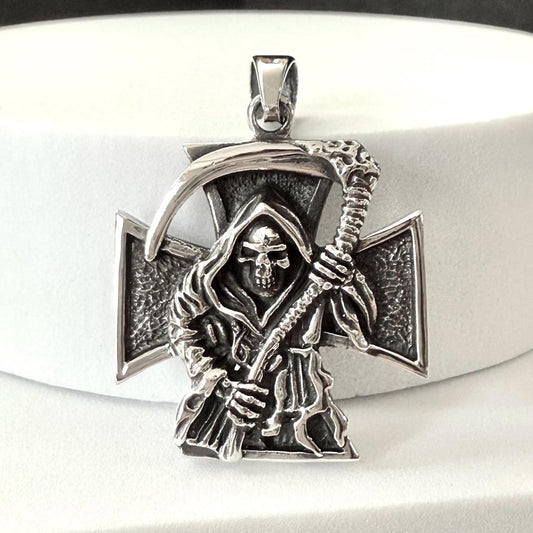 Handcrafted 925 Sterling Silver Grim Reaper Pendant Gothic Skull Templar Cross Pendant/Necklace Silver Jewelry Accessories Gift by VINTZ
