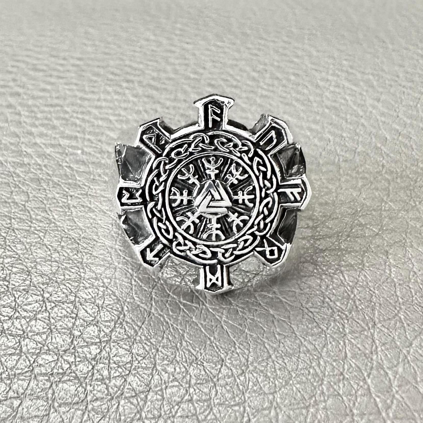 Handcrafted 925 Sterling Silver Valknut Ring Viking Compass Rune Circle Celtic Knot Ring Silver Fashion Jewelry Accessories Gift by VINTZ