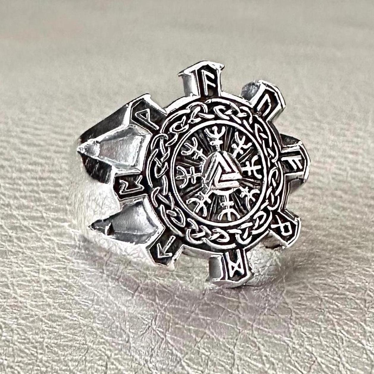 Handcrafted 925 Sterling Silver Valknut Ring Viking Compass Rune Circle Celtic Knot Ring Silver Fashion Jewelry Accessories Gift by VINTZ